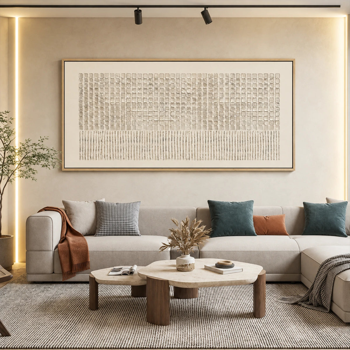 Ivory Cadence painting above a cream sectional and round wooden tables.