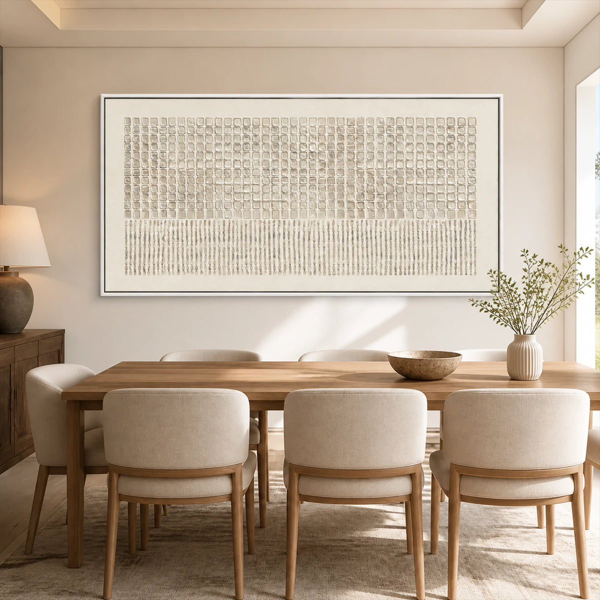 Ivory Cadence painting above a wooden dining table with cream chairs.