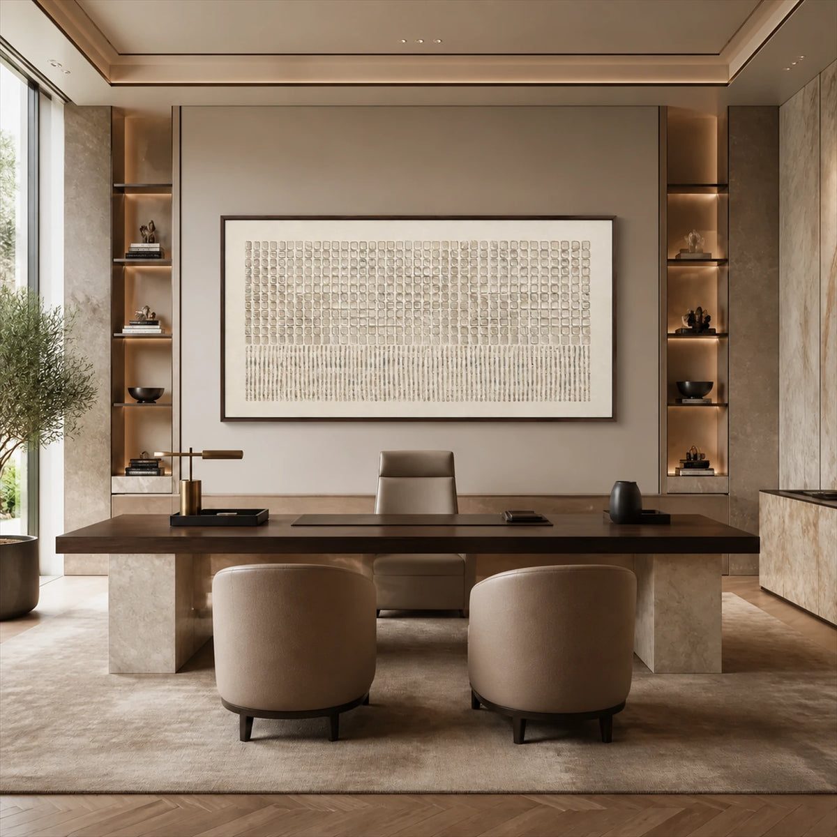Ivory Cadence painting above a wide desk and curved upholstered office chairs.