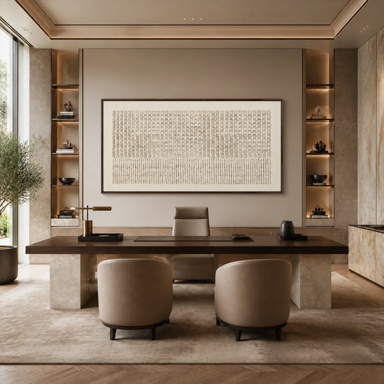 Ivory Cadence painting above a wide desk and curved upholstered office chairs.