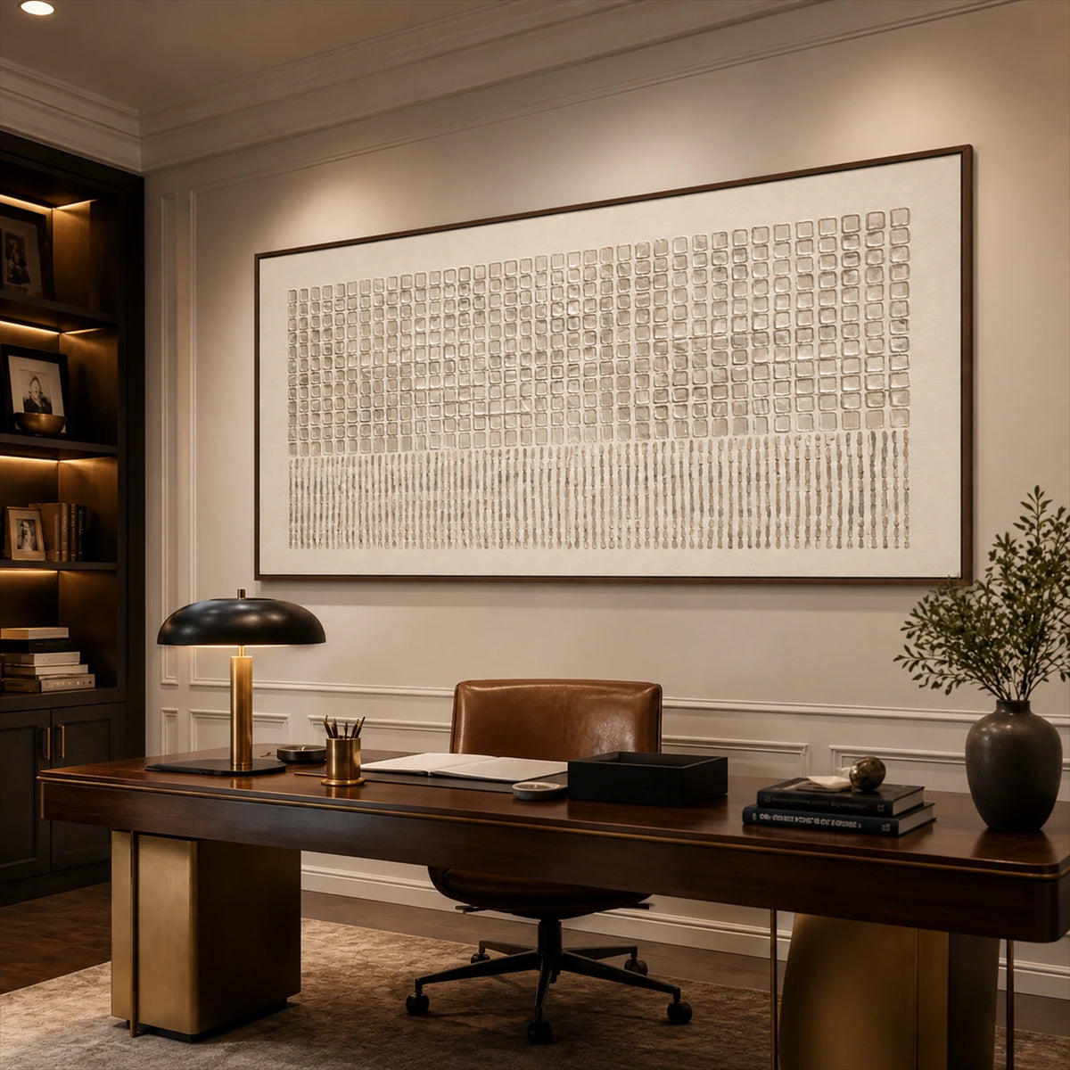 Ivory Cadence painting above a wooden desk beside dark shelving.