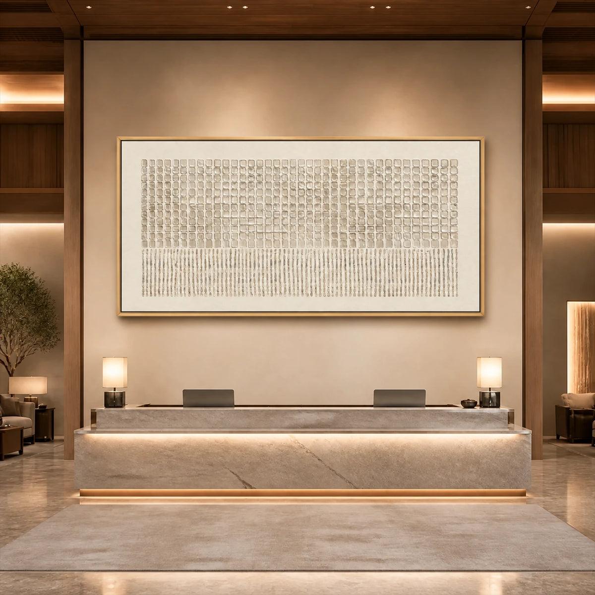 Ivory Cadence painting above a pale reception counter in a warm lobby.