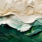 Deep emerald and teal bands rise toward creamy ivory shapes, their uneven edges recalling waves or distant mountain ridges. Full 2:1 artwork without a frame.