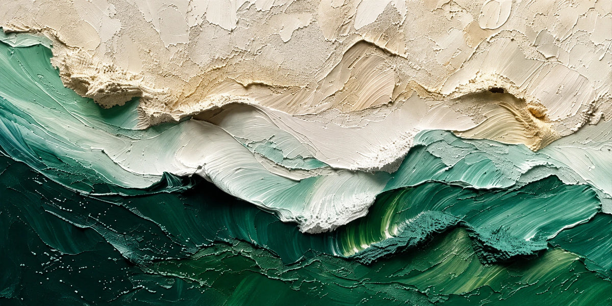 Deep emerald and teal bands rise toward creamy ivory shapes, their uneven edges recalling waves or distant mountain ridges. Full 2:1 artwork without a frame.