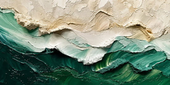 Deep emerald and teal bands rise toward creamy ivory shapes, their uneven edges recalling waves or distant mountain ridges. Full 2:1 artwork without a frame.