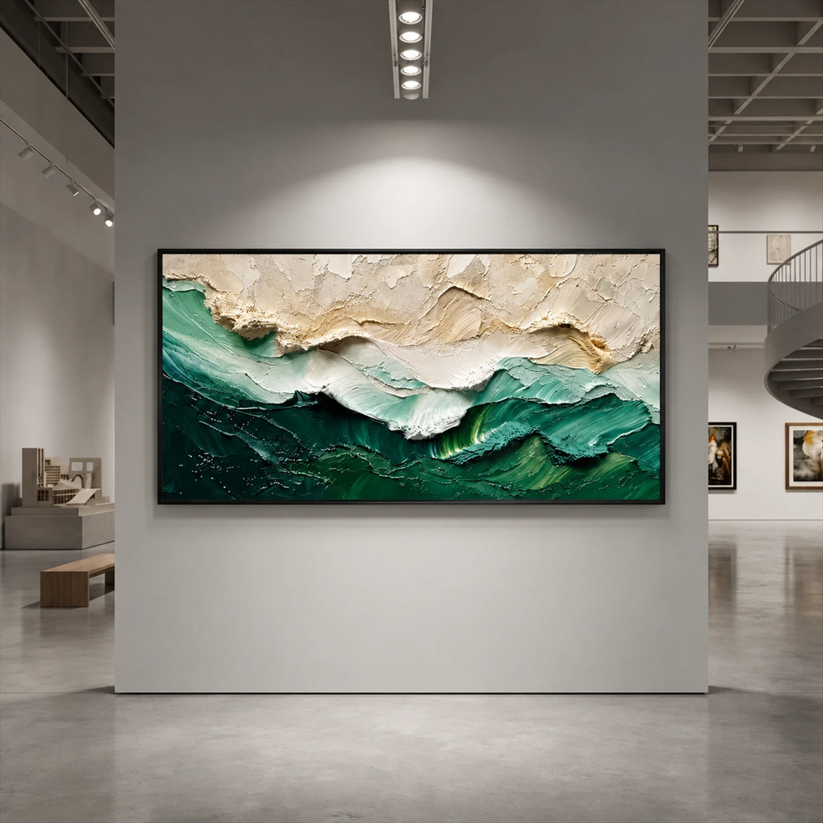 Emerald Crest painting on a pale display wall beneath gallery lights.