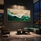 Emerald Crest painting above green seating in a dark living room.