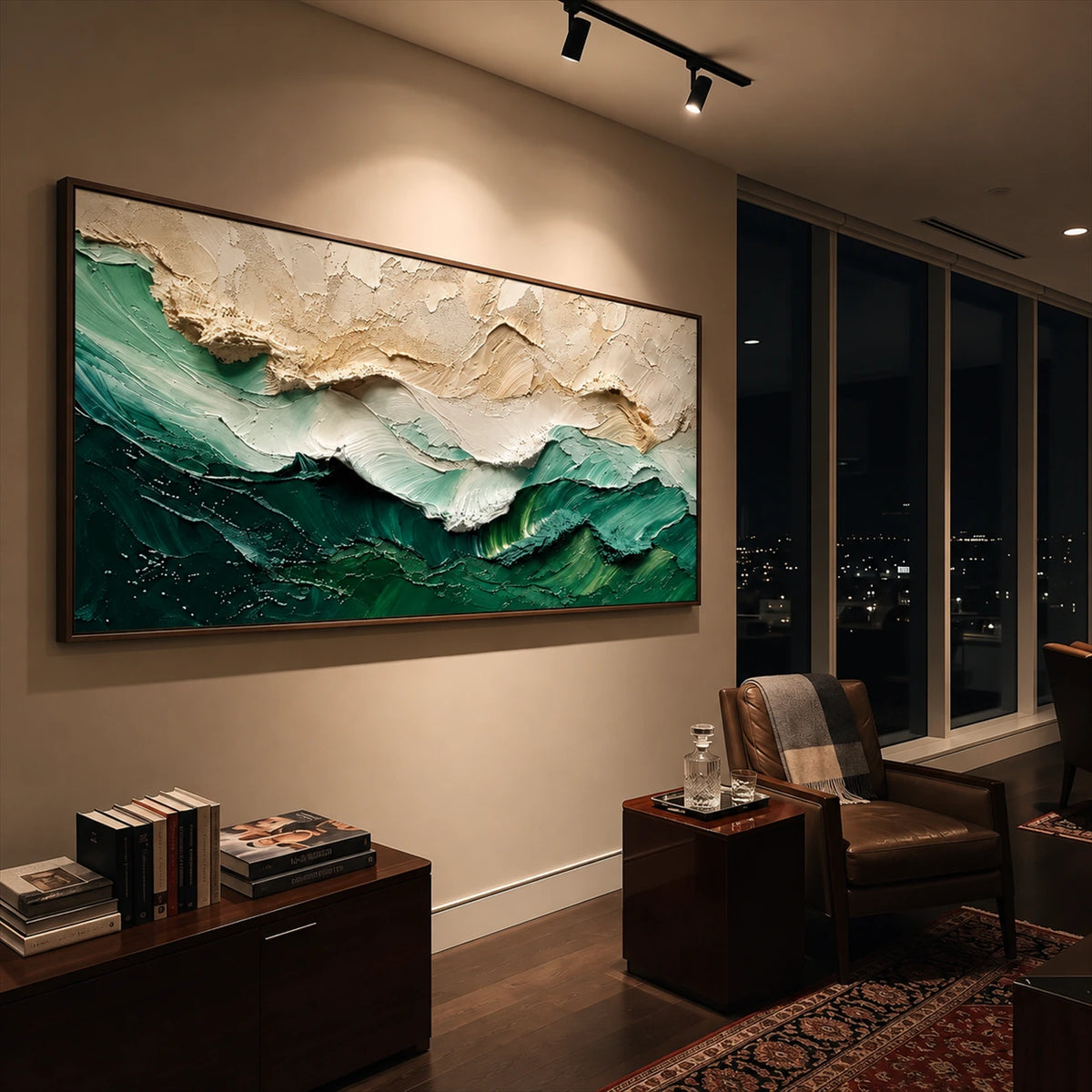 Emerald Crest painting above a wooden sideboard in a warmly lit interior.