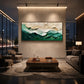 Emerald Crest painting above a coffee table between lounge seating and tall windows.