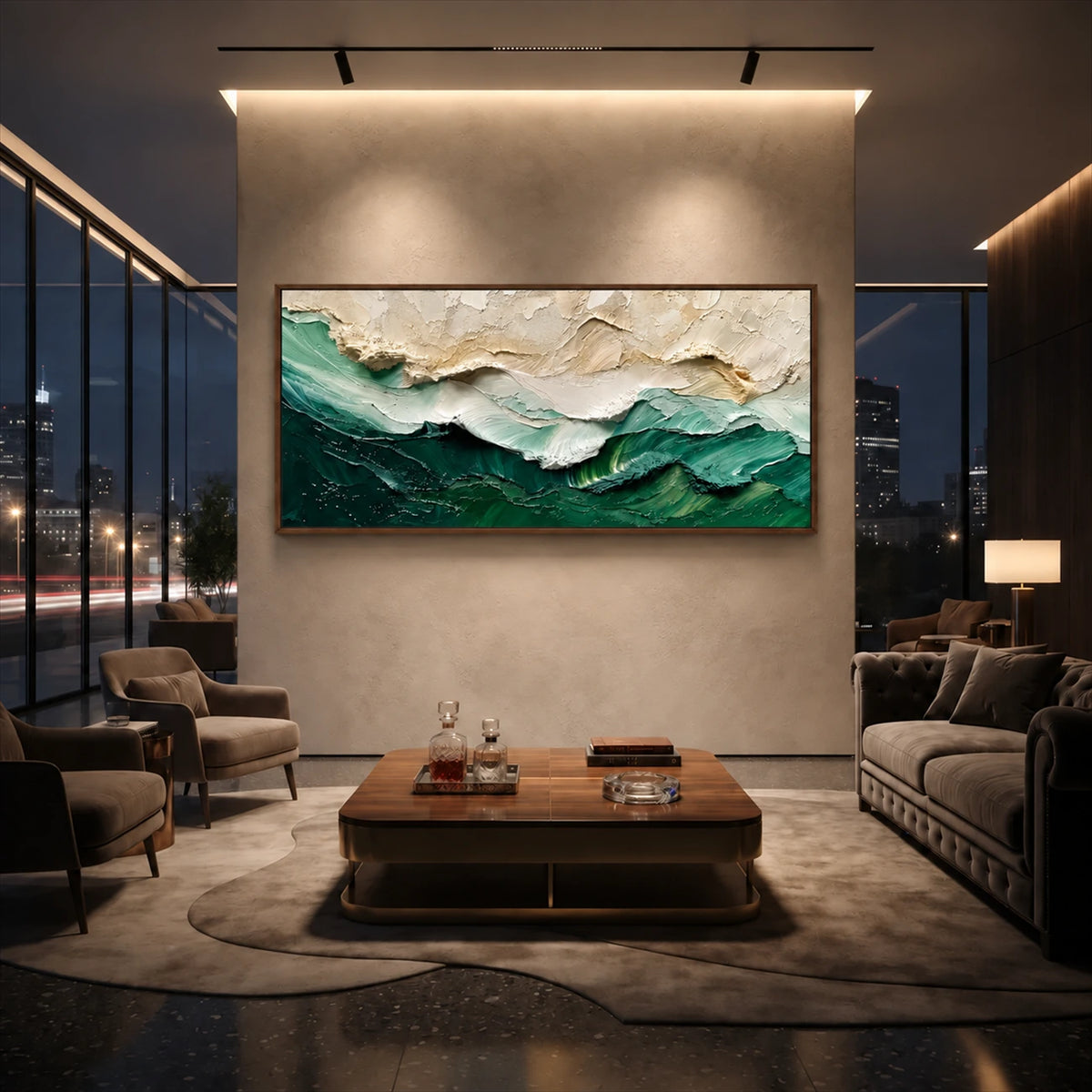 Emerald Crest painting above a coffee table between lounge seating and tall windows.