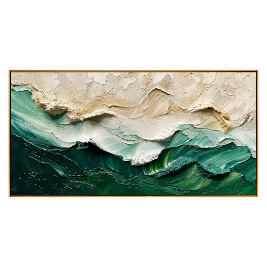 Emerald Crest panoramic artwork in a natural wood frame on a transparent background.