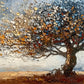 A broad tree spreads its canopy across a blue-gray sky, with clusters of ivory, amber and rust-colored marks catching the light. Full 2:1 artwork without a frame.