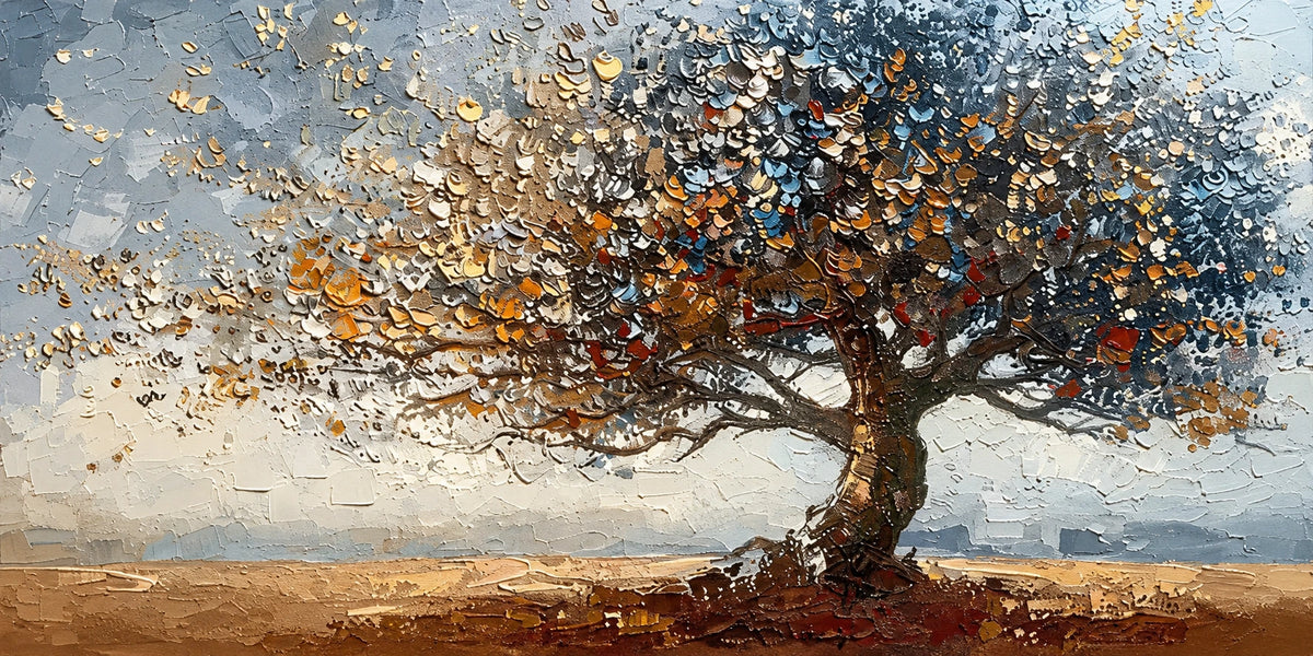 A broad tree spreads its canopy across a blue-gray sky, with clusters of ivory, amber and rust-colored marks catching the light. Full 2:1 artwork without a frame.