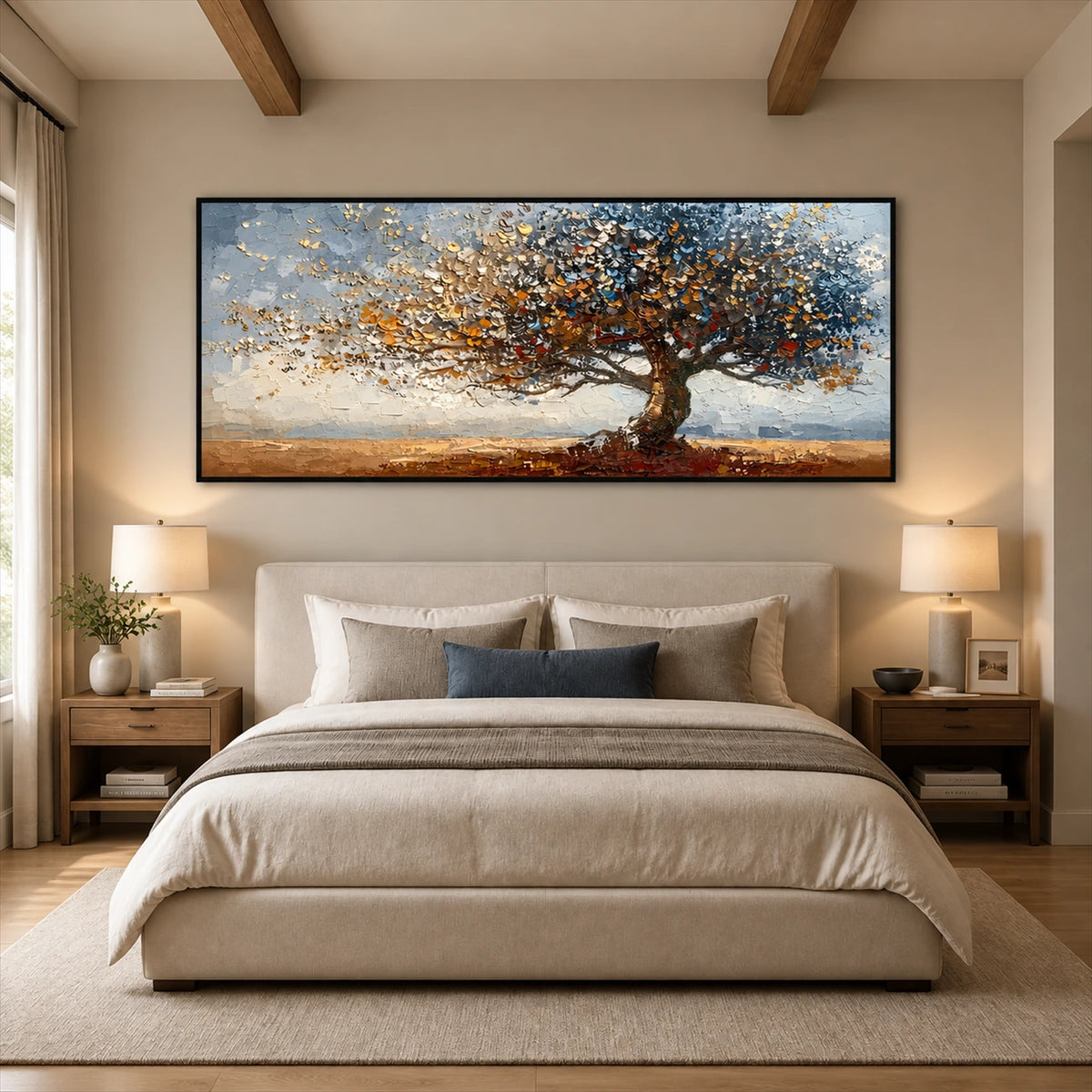 Autumn Radiance painting above an upholstered bed beneath exposed beams.