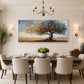 Autumn Radiance painting above a dining table in a white paneled room.