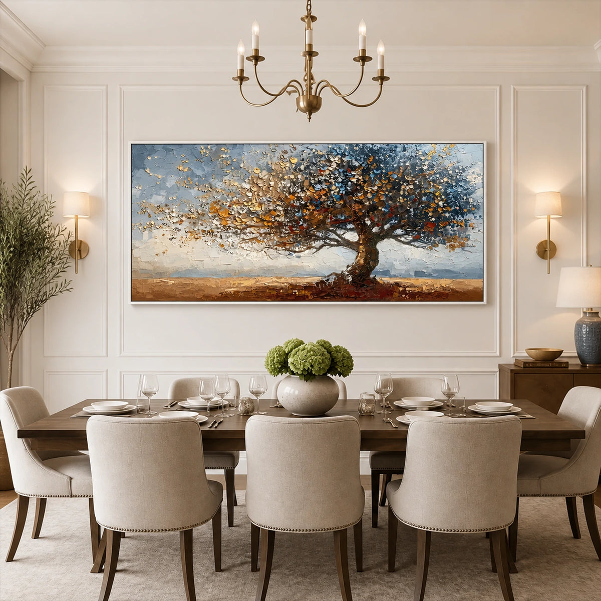 Autumn Radiance painting above a dining table in a white paneled room.