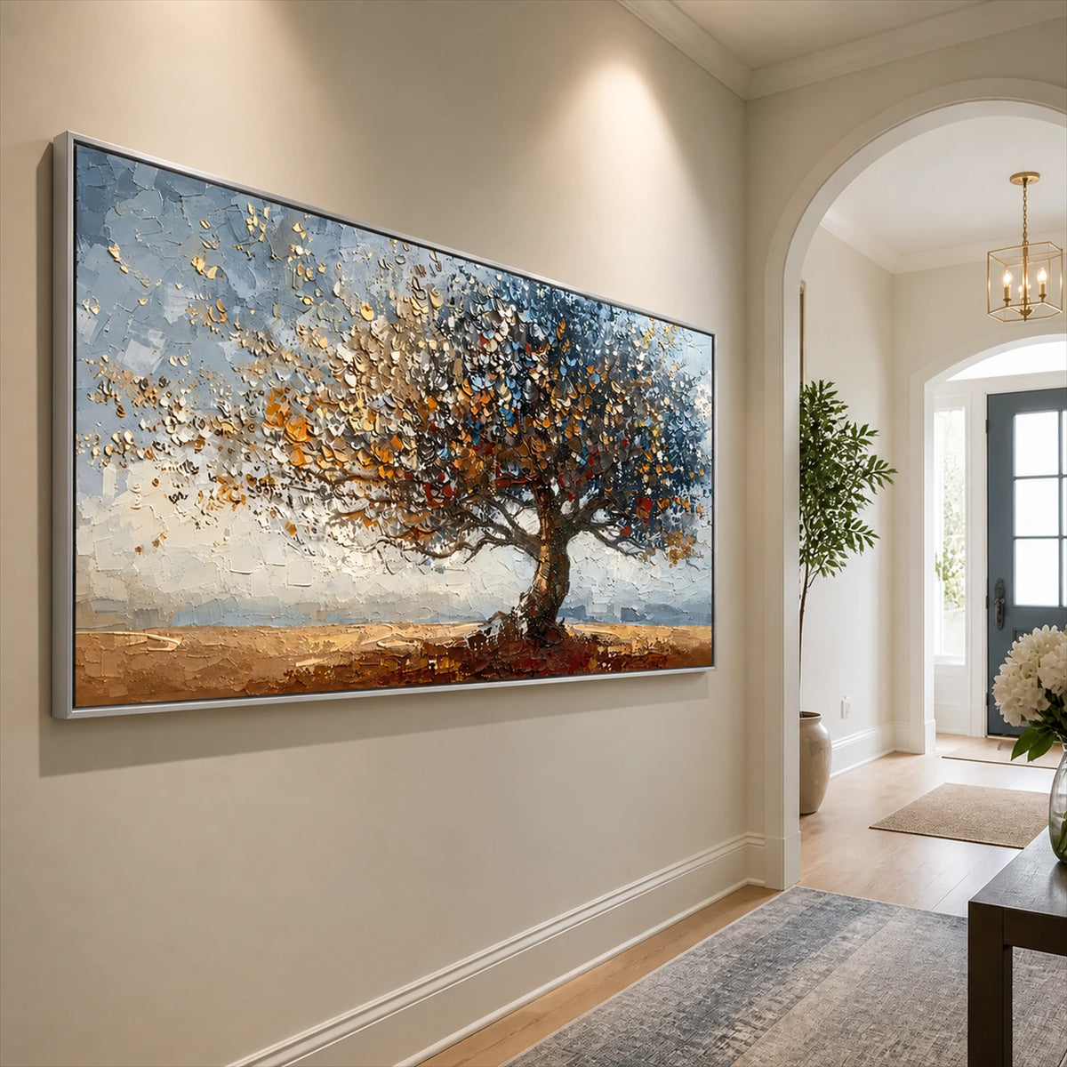 Autumn Radiance painting along a bright hallway with pale walls.
