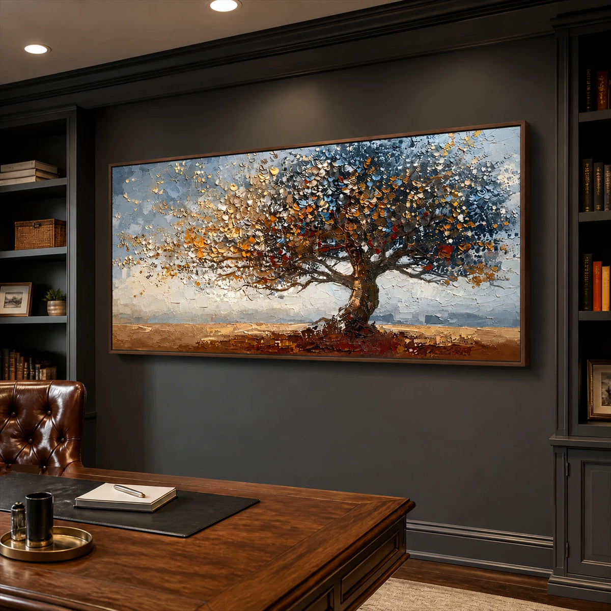 Autumn Radiance painting above a wooden desk against dark built-in shelving.
