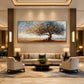 Autumn Radiance painting above a cream sofa between warm wall lights.