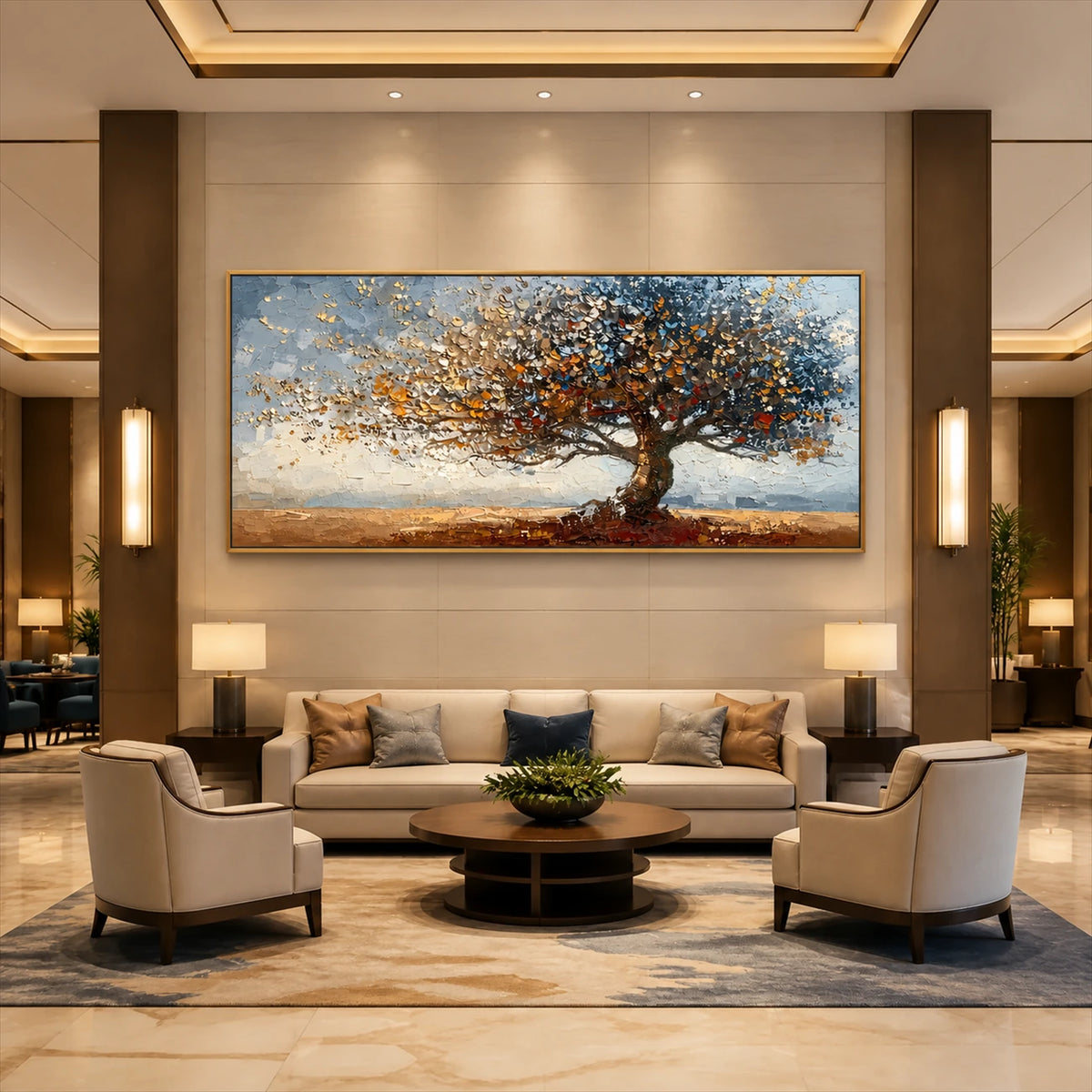 Autumn Radiance painting above a cream sofa between warm wall lights.