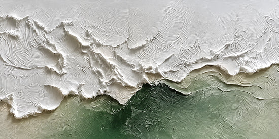Ivory ridges sweep across a muted green field, their irregular edges recalling breaking surf viewed from above. Full 2:1 artwork without a frame.