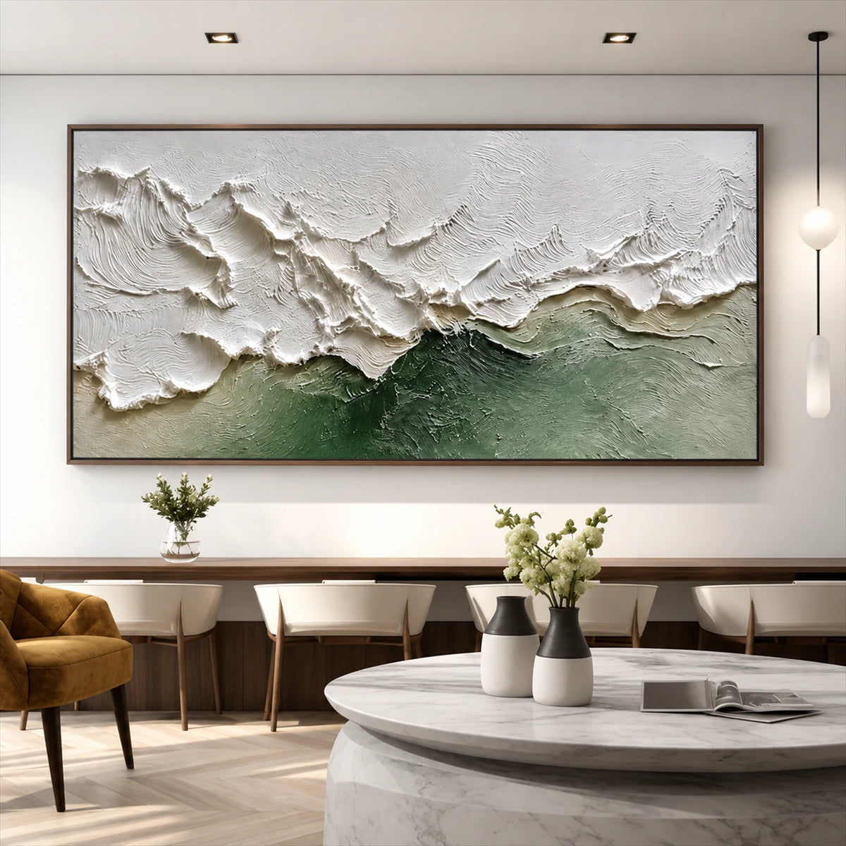 Sage Breakers painting above dining seating beside a round pale table.