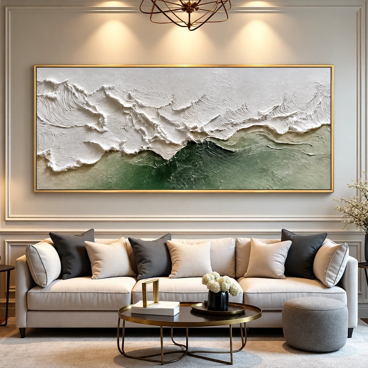 Sage Breakers painting above a cream sofa with dark cushions beneath a pendant light.
