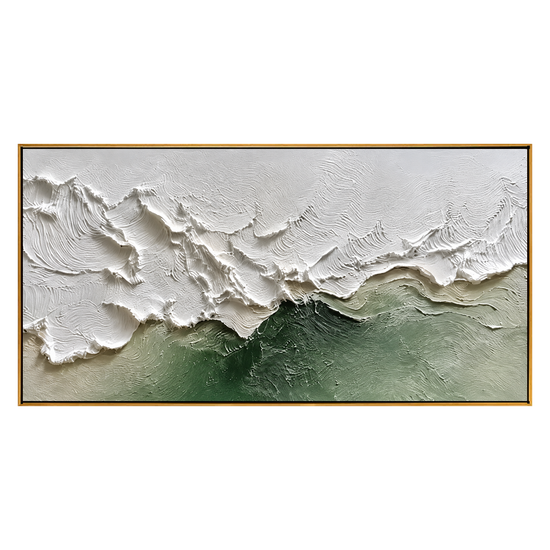Sage Breakers panoramic artwork in a natural wood frame on a transparent background.