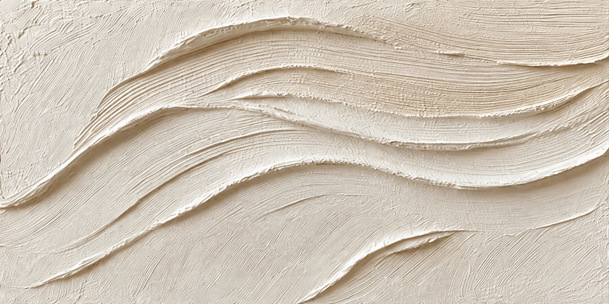 Soft ivory and sand-colored curves drift across a pale textured ground, forming a quiet rhythm of sweeping lines. Full 2:1 artwork without a frame.