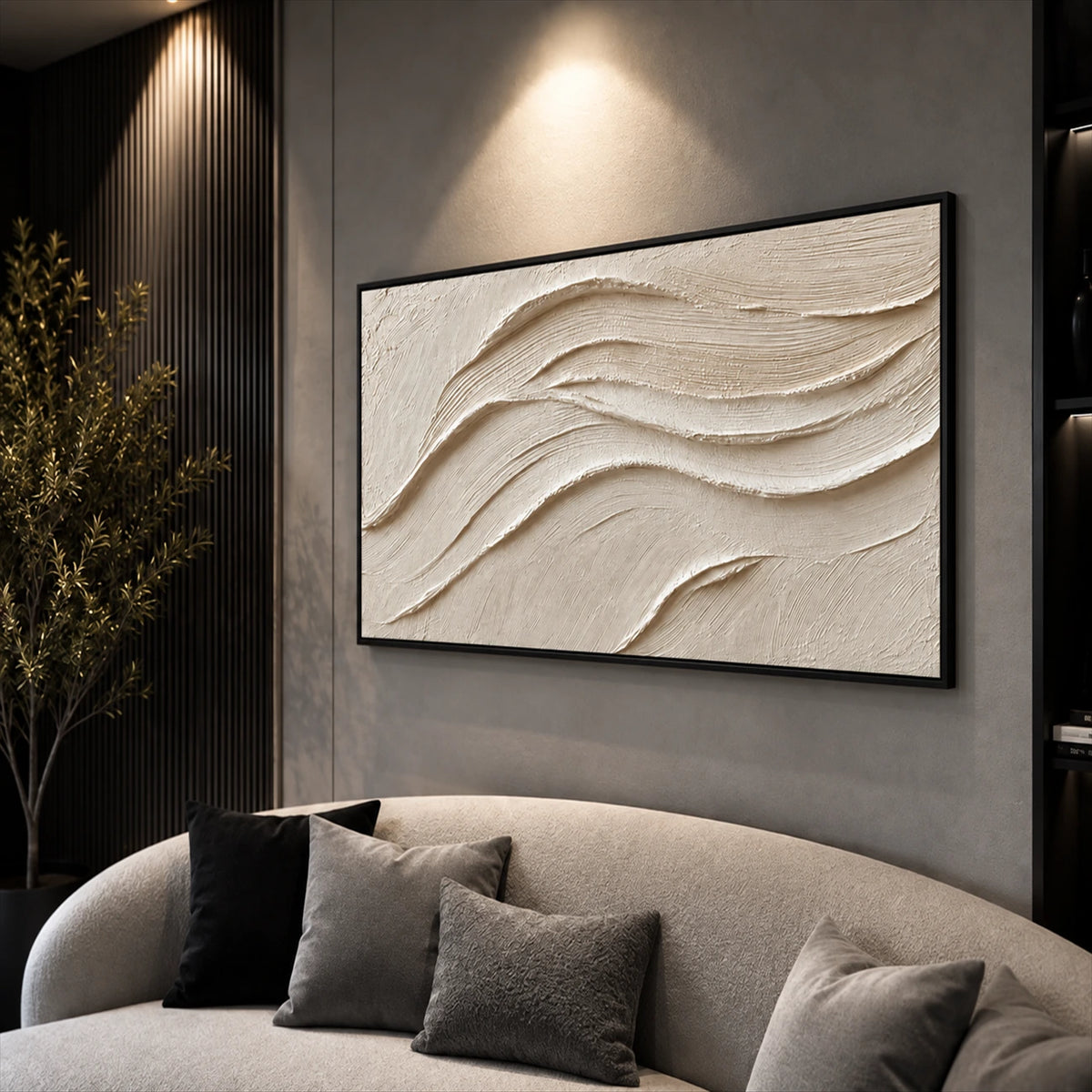 Linen Dunes painting above a curved pale sofa against a dark paneled wall.
