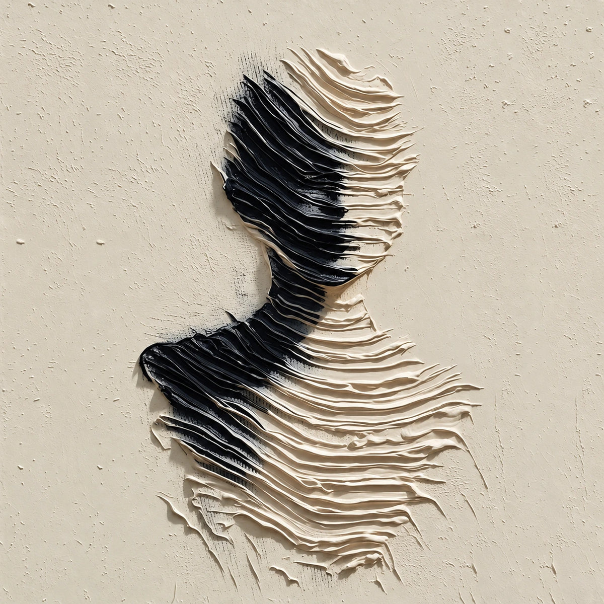 Layers of ivory and charcoal trace a quiet human silhouette against a warm cream ground. Full artwork without a frame.