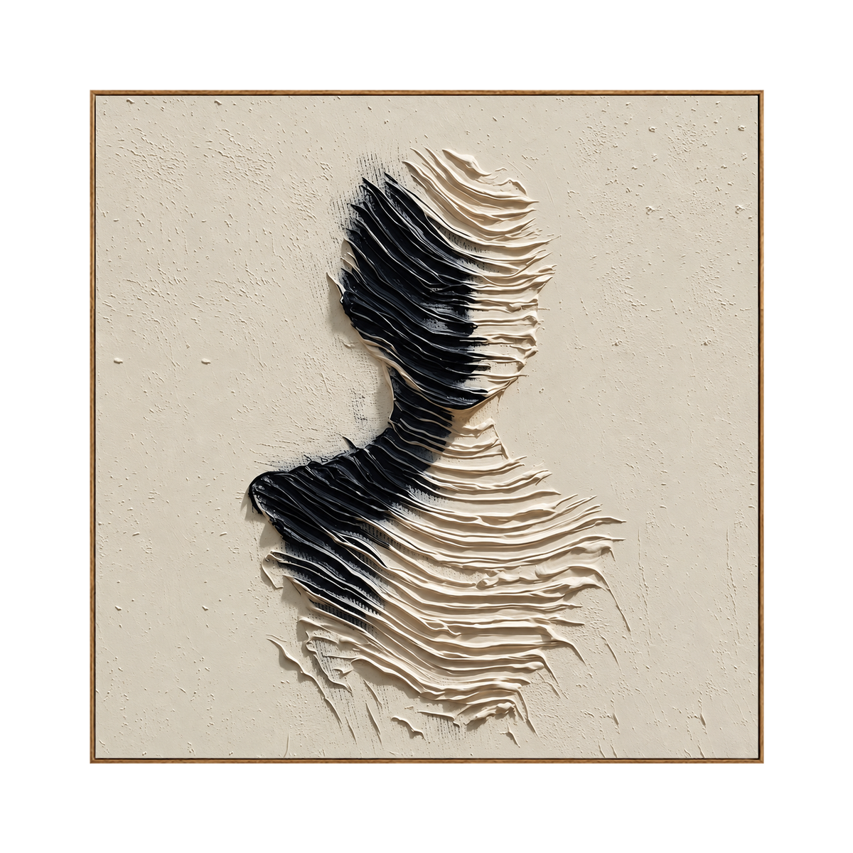 Sculpted Silence square artwork in a natural wood frame on a transparent background.