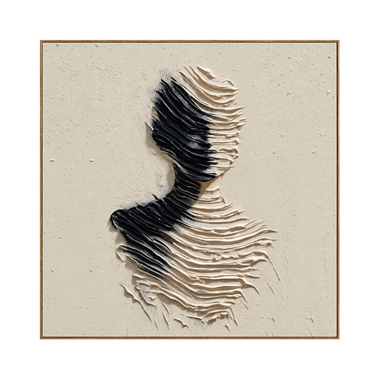 Sculpted Silence square artwork in a natural wood frame on a transparent background.
