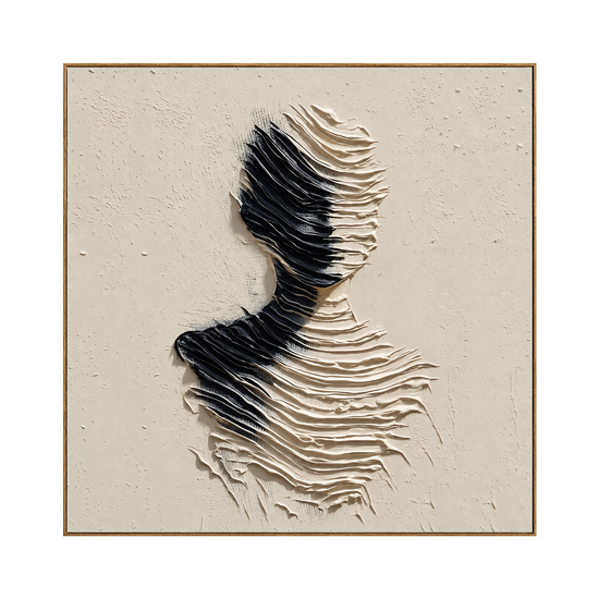 Sculpted Silence square artwork in a natural wood frame on a transparent background.