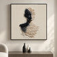 Sculpted Silence artwork above a console with three sculptural vases in a sunlit room.