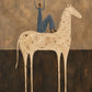 A playful rider balances above a pale horse in a warm field of sand, taupe and charcoal. Full artwork without a frame.