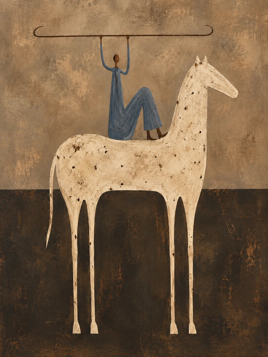 A playful rider balances above a pale horse in a warm field of sand, taupe and charcoal. Full artwork without a frame.