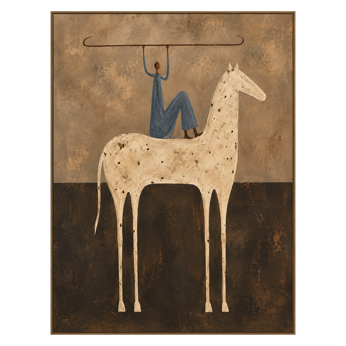 Balanced Rider vertical artwork in a natural wood frame on a transparent background.