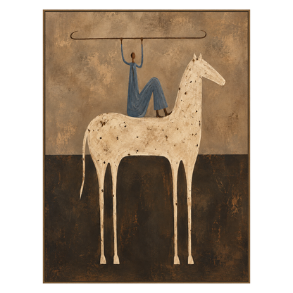Balanced Rider vertical artwork in a natural wood frame on a transparent background.