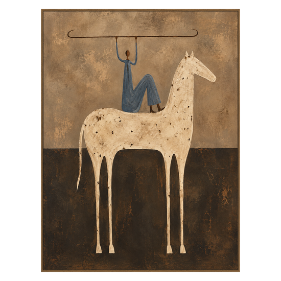 Balanced Rider vertical artwork in a natural wood frame on a transparent background.