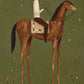 A slender rider in cream sits atop a warm chestnut horse against a muted sage-green ground. Full artwork without a frame.