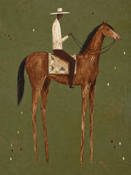 A slender rider in cream sits atop a warm chestnut horse against a muted sage-green ground. Full artwork without a frame.