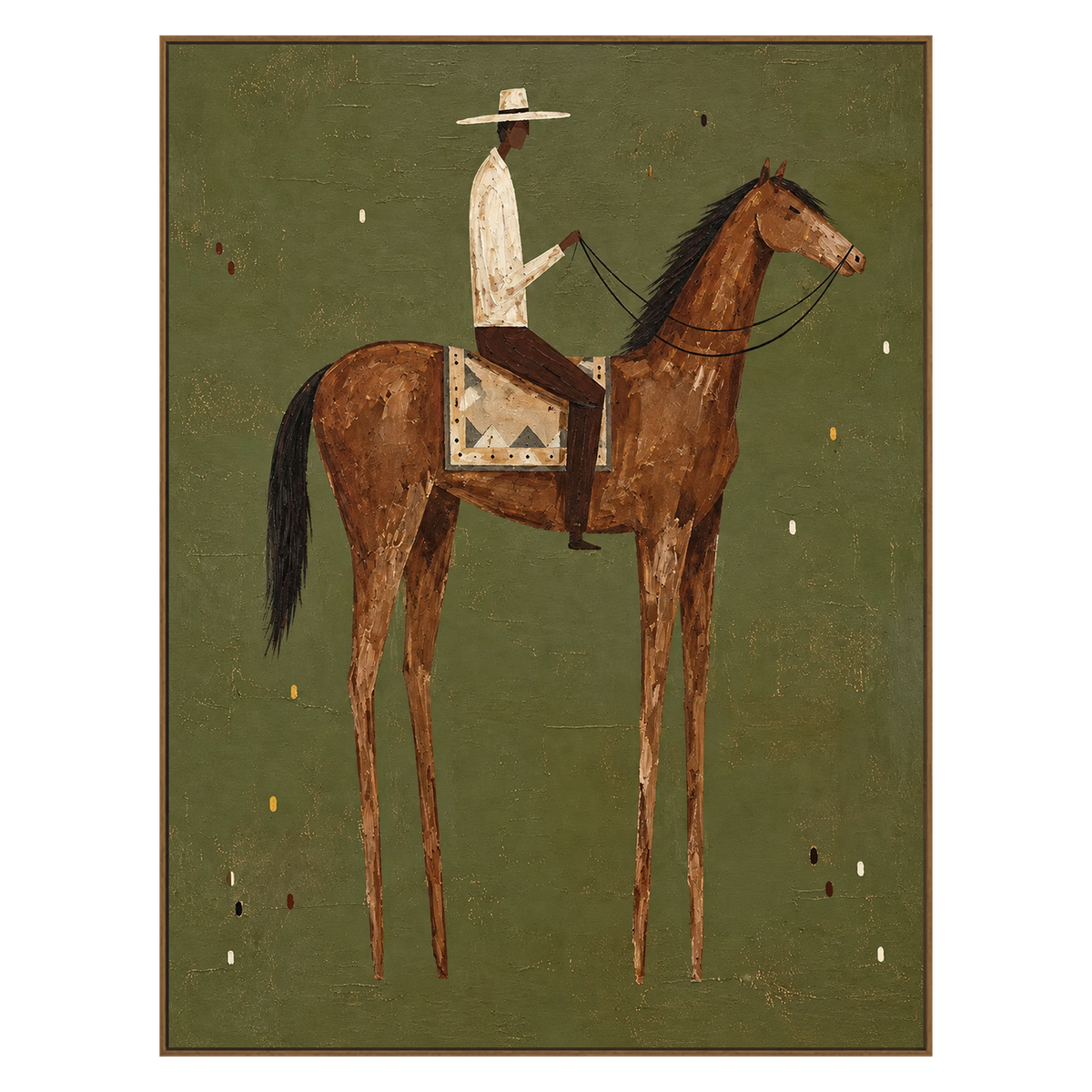Sage Horseman vertical artwork in a natural wood frame on a transparent background.
