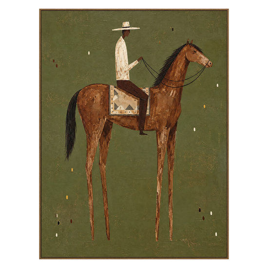 Sage Horseman vertical artwork in a natural wood frame on a transparent background.