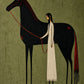 A woman in a long ivory dress stands beside a tall black horse on a weathered olive ground. Full artwork without a frame.