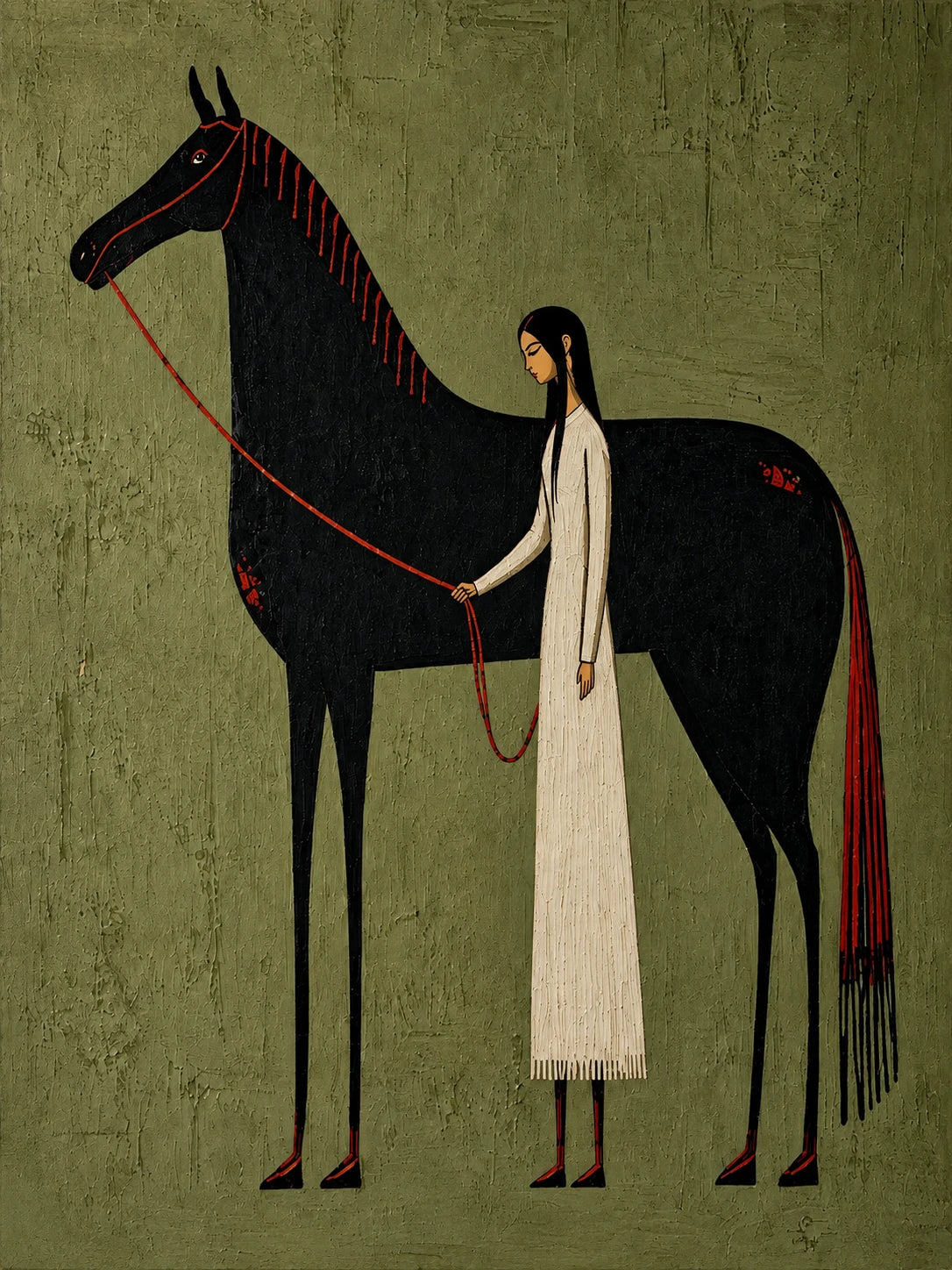 A woman in a long ivory dress stands beside a tall black horse on a weathered olive ground. Full artwork without a frame.