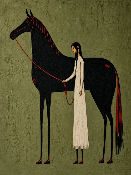 A woman in a long ivory dress stands beside a tall black horse on a weathered olive ground. Full artwork without a frame.