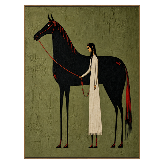 Quiet Companion vertical artwork in a natural wood frame on a transparent background.