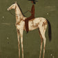 A dark-hatted rider sits upright on a pale, dappled horse against a muted meadow-green field. Full artwork without a frame.