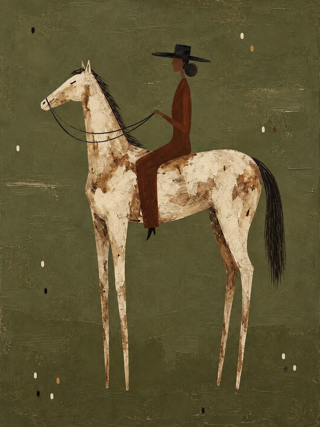 A dark-hatted rider sits upright on a pale, dappled horse against a muted meadow-green field. Full artwork without a frame.